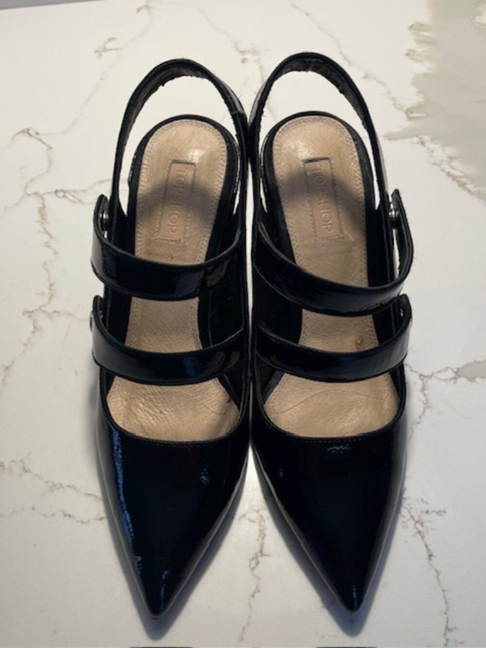 TOP SHOP bold style black patent-look sling back chunky heels. Size 40/ 10-10.5